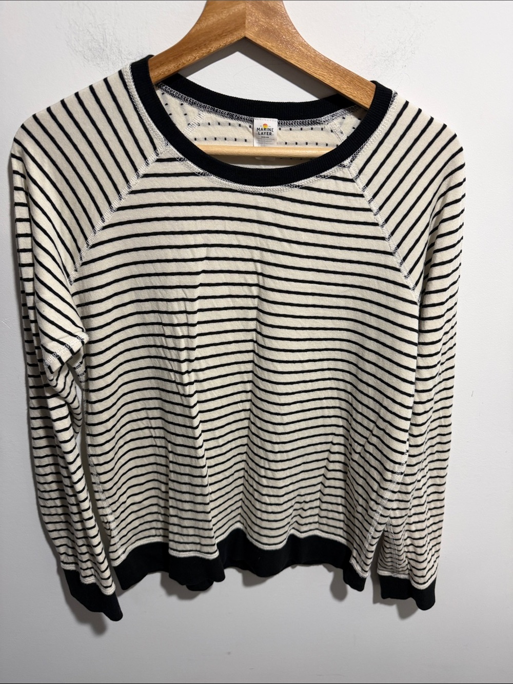 Marine Layer Black and Cream Striped Crewneck Long Sleeve Shirt Size Medium